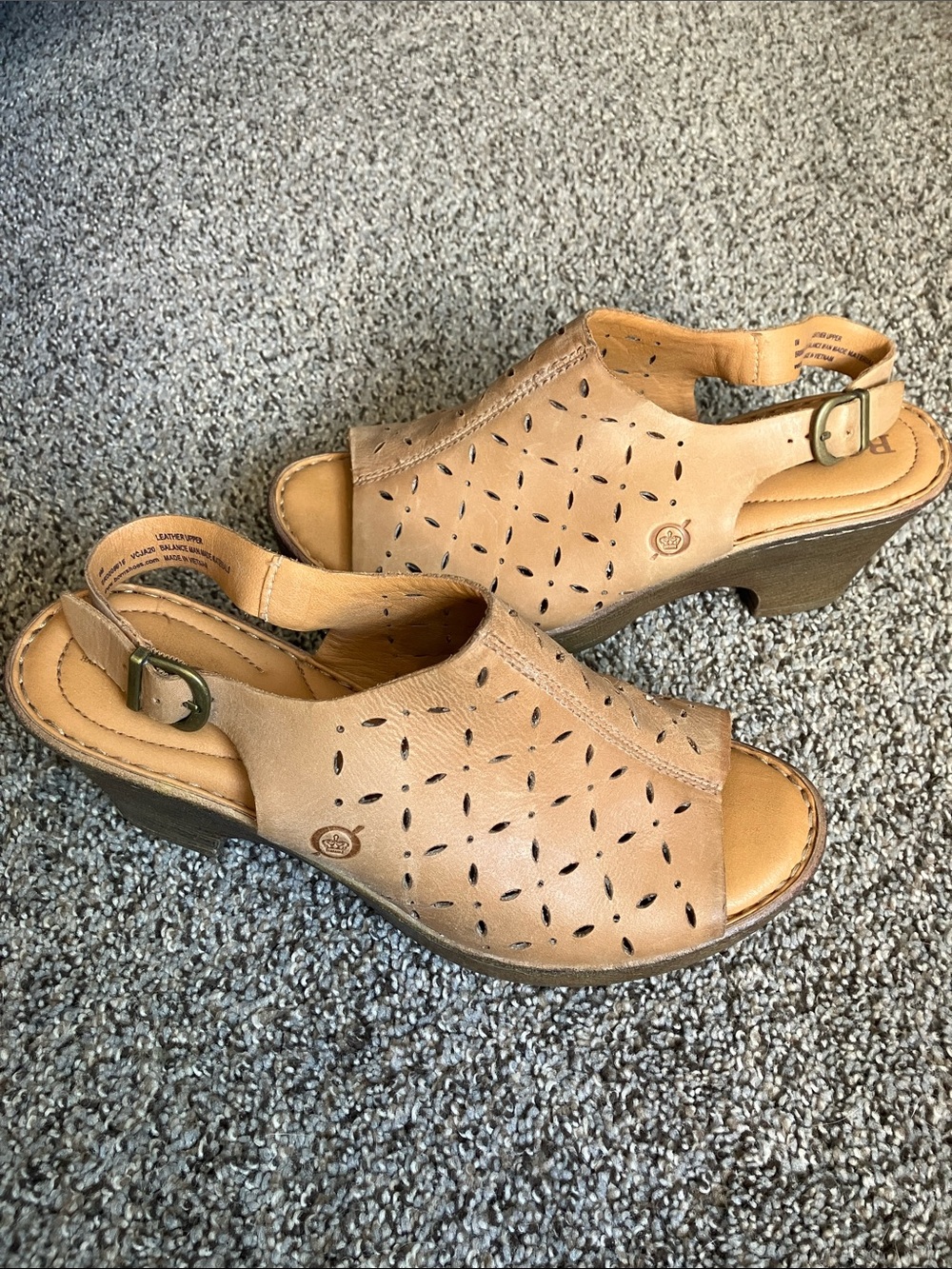 Born Tan Leather Perforated Slingback Wedge Sandals